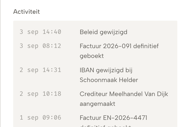 Activiteit van een medewerker uit de audittrail: definitief geboekte facturen, een gewijzigd IBAN en een aangemaakte crediteur, met datum en tijd