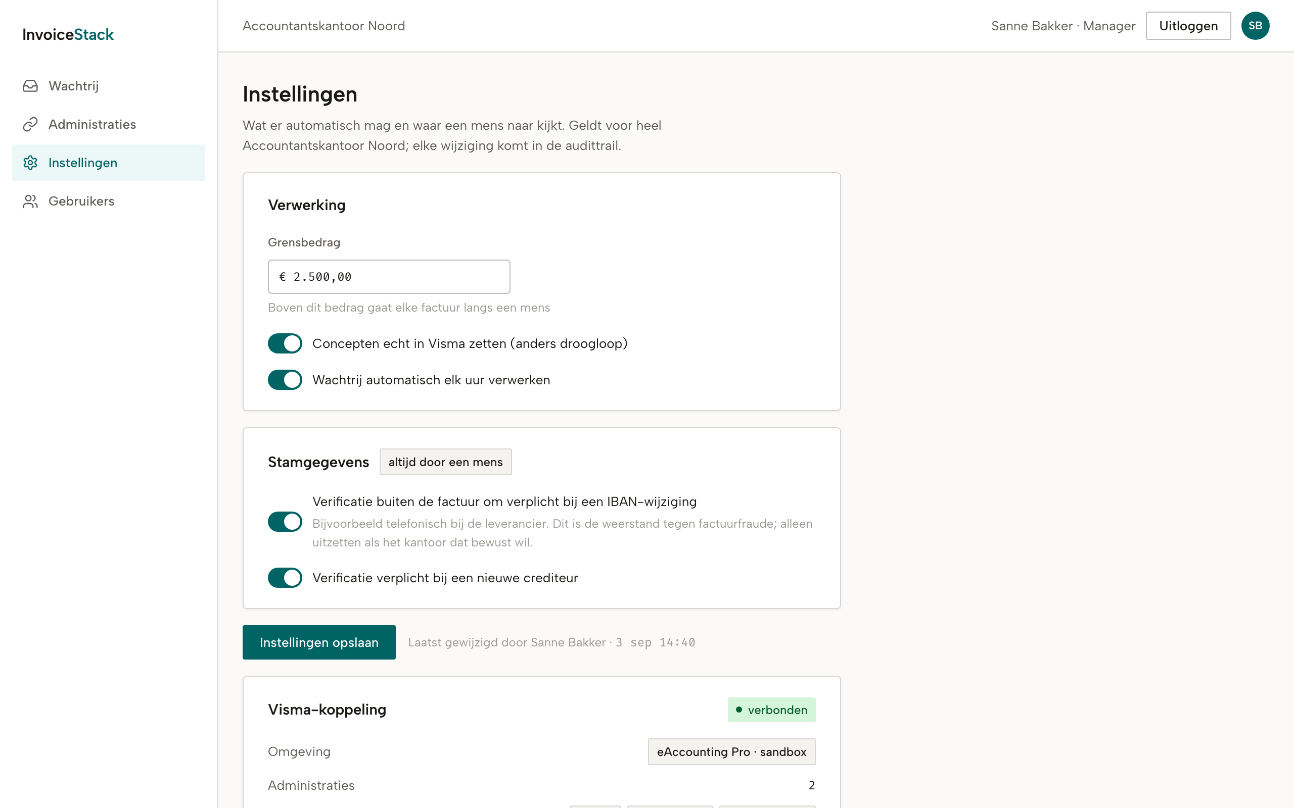 Het instellingenscherm van de manager: grensbedrag, echt schrijven of droogloop, en de verificatieplichten